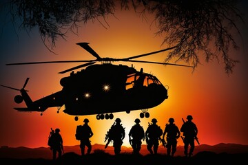 Obraz na płótnie Canvas A sunset military operation in silhouette