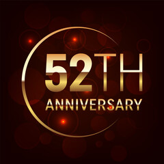52th Anniversary logo design with golden number and text for anniversary celebration event, invitation, wedding, greeting card, banner, poster, flyer, brochure, book cover. Logo Vector Template