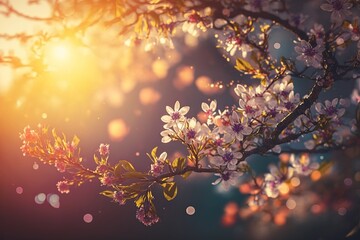 Spring blossom background. Nature scene with blooming tree and sun flare. Spring flowers. Beautiful orchard