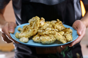 Cauliflower steak cooking. Vegetarian organic food. Vegan cuisine. Selective focus