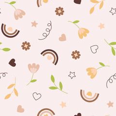 Seamless pattern with flowers, stars, leaves and hearts. Abstract girlish doodle, background. Vector art