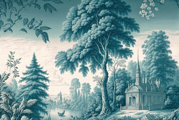 Toile de Jouy pattern background in light blue and white with a pastoral theme including a river, trees, nature and a manor building. Created with Generative AI.