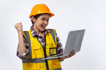 Happy Asian woman engineer and safety helmet with laptop isolated on white background.