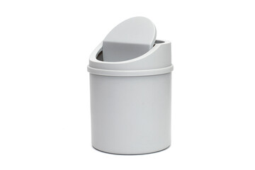 Small gray trash can isolated on white background, office paper bucket