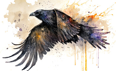 Flying Black Crow Watercolor Painting on white. Generative AI.