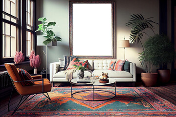 Interior design of a bohemian living room with a big blank poster frame, comfortable sofa, colorful pillows and colorful Persian rug | Generative Ai | Indoor décor | Modern and luxurious Living room