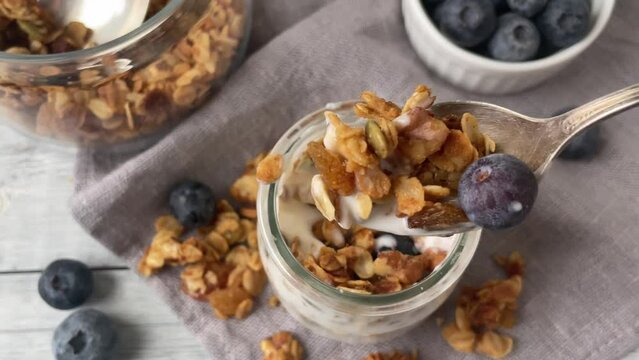 Yogurt with muesly and blueberries. Breakfast. Top view.