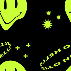 Psychedelic smile seamless pattern. Trippy background with surreal element. 90s style pattern. Melting smile sticker