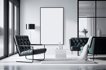 Interior design of a minimalist living room with leather sofa, sleek coffee table, big windows and blank poster frames mockup | Living room in black and white theme | Generative Ai | Indoor décor