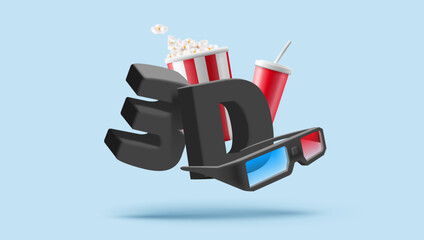 Modern 3D composition of popcorn, drink, 3D glasses for watching a movie preview. Dynamic stylish composition for cinema advertising on a blue background.