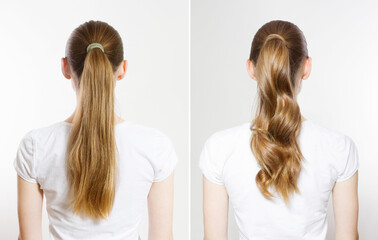 Closeup before-after straight curly wavy high ponytail back view isolated on white background....