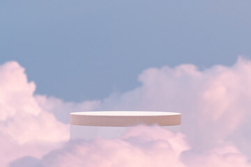 Surreal wood podium outdoor on blue sky gold pastel clouds with empty space.Beauty cosmetic product...