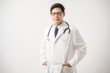 Portrait of confident Asian Doctor in glasses with stethoscope isolated on white background