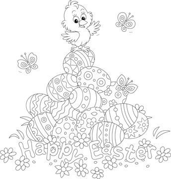 Easter card with a happy little chick on a pile of decorated gift eggs on a pretty lawn with spring flowers and merry fluttering butterflies, black and white vector cartoon illustration
