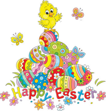 Easter card with a happy little chick on a pile of colorfully painted gift eggs on a pretty lawn with spring flowers and merry fluttering butterflies, vector cartoon illustration on white