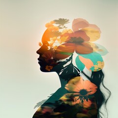 Surreal double exposure image of woman and flowers. Great for ads, book covers, posters and more.