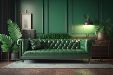 Green living room interior with leather sofa, Modern vintage interior of living room - 3d rendering