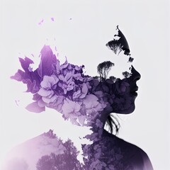 Surreal double exposure image of woman and flowers. Great for ads, book covers, posters and more.