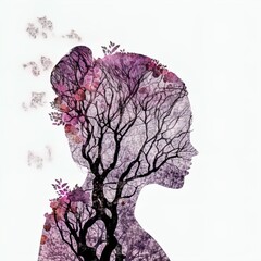 Surreal double exposure image of woman and flowers. Great for ads, book covers, posters and more.