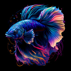 Fototapeta premium Abstract Siamese fighting fish with colorful lights on black background. Colorful design for t-shirt print. Generative AI