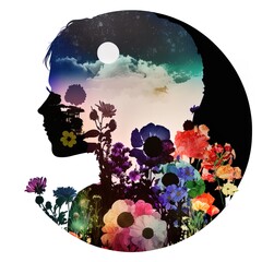 Surreal double exposure image of woman and flowers. Great for ads, book covers, posters and more.