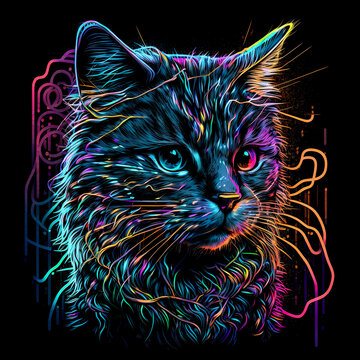 Abstract fashion cat with colorful lights on black background. Colorful design for t-shirt print. Generative AI