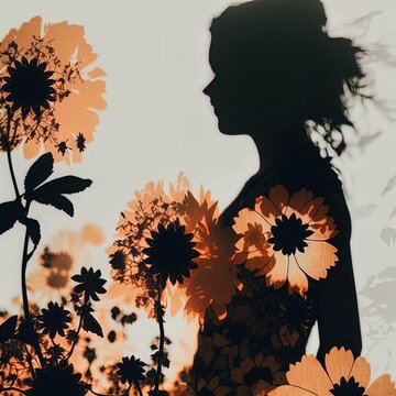 Surreal double exposure image of woman and flowers. Great for ads, book covers, posters and more.