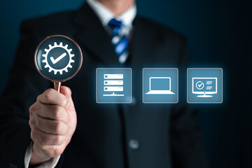 Maintenance and repair concept.Business man with icons about Server assistance and servicing of equipments, person touching symbols