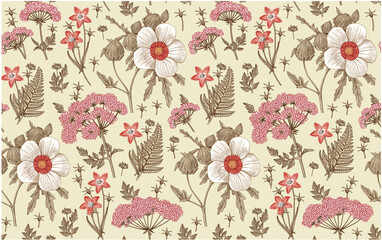 Seamless pattern fabric. Beautiful realistic isolated flowers. Vintage background. Hibiscus, Wahlenbergia Hemlock fern wildflowers. Wallpaper baroque. Drawing engraving. Vector victorian illustration