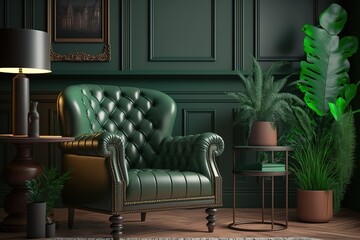 Green living room interior with leather armchair, Modern vintage interior of living room - 3d rendering