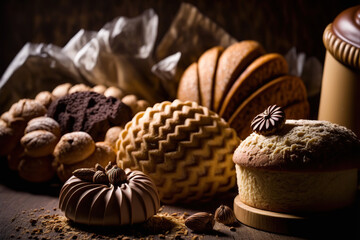 Assorted fresh bakery products on dark background. Close up. Cookies, sweet buns and small cake. AI generative image.