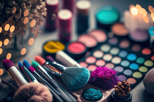 Abstract background with professional make-up products. Beauty industry accessories. AI generative image.