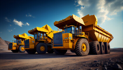 Large quarry dump trucks in coal mine. Mining equipment for the transportation of minerals.