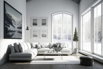 White minimalist living room interior with sofa on a wooden floor, decor on a large wall, white landscape in window. Home nordic interior. 3D illustrationhyperrealism, photorealism, photorealistic