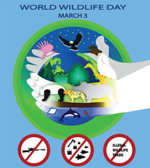 World Wildlife Day. March 3.On turquoise background.Template for banner, card, poster. Vector  illustration, EPS10
