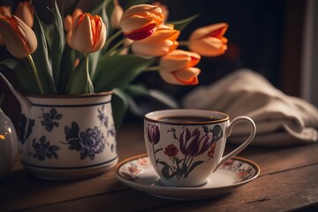 Fototapeta na wymiar Cup of coffee with tulips. Generative AI