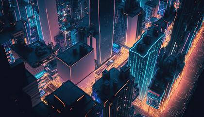 Aerial view on abstract big city at night. Neon light scene. AI generative image.