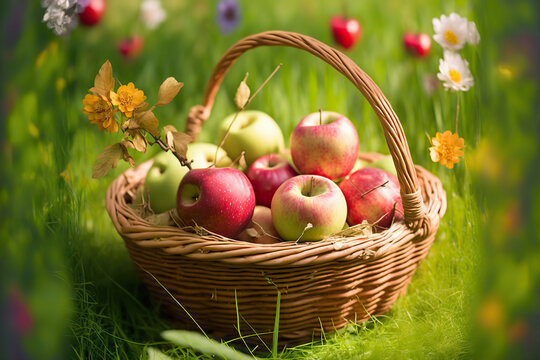 Ripe juicy apples in a wicker basket on a beautiful outdoor flower garden background. Healthy organic food. Selective focus. AI generative.