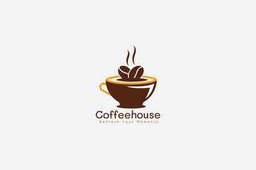Coffee Logo Design Template. Coffee Logo With Cup Barista Bean, Hot Coffee Logo Design In A Cup