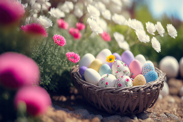 Beautiful wicker basket with multicolored Easter eggs. Outdoor flower garden background. Spring holiday concept. Ai generative.