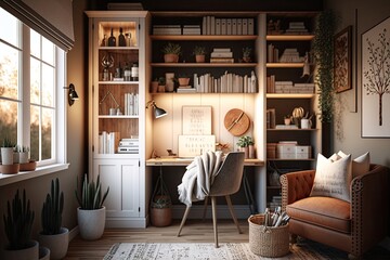 Obraz na płótnie Canvas a cozy farmhouse style home office with a floor to ceiling bookshelf and warm lighting, boho neutral tones generative ai