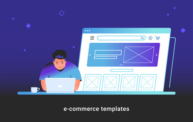 Website e-commerce template to create an electronic store online. Creative vector illustration of cute man working with laptop, building his own website for selling goods or personal site with banner.