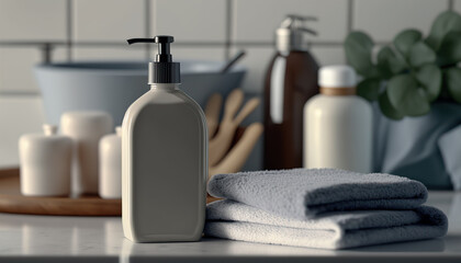 Fototapeta na wymiar Liquid soap bottle with towels mockup. Indoor background. AI generative image.