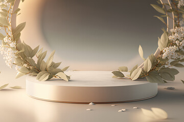 Abstract minimal product display podium or showcase with organic, herbal elements. Springtime ad layout. AI generative picture.