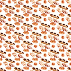 Watercolor seamless pattern with images of bakery products. Loaves, loaves, loaves and rolls