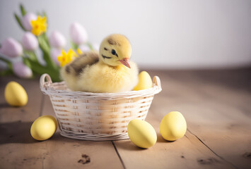 Cute little duckling sitting in a wicker basket full of painted Easter eggs. Horizontal illustration with place for text. Greeting card layout. AI generative image.