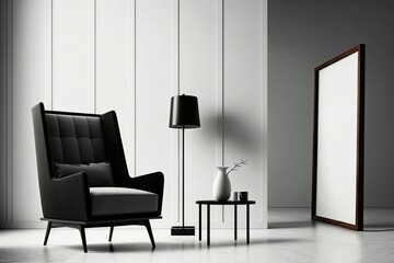 Armchair, coffee table, wood panel, floor lamp, and blank wall in modern minimalist room. mock up for an illustration generative ai