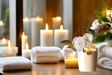 Obraz na płótnie Canvas spa salon in pink soft lighting Candles,roses , roses flowers, aromatherapy, soft candle light, cozy meditation ,Valentine day background 