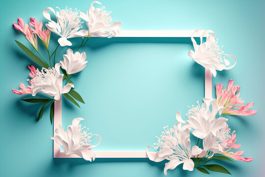 Square frame with beautiful floral decoration made of alstroemeria plant with flowers in different colors. Plase for text. Border with blank place for text. AI generative image.