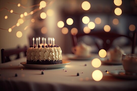 birthday cake with candles in dinning room, blurred background generative ai